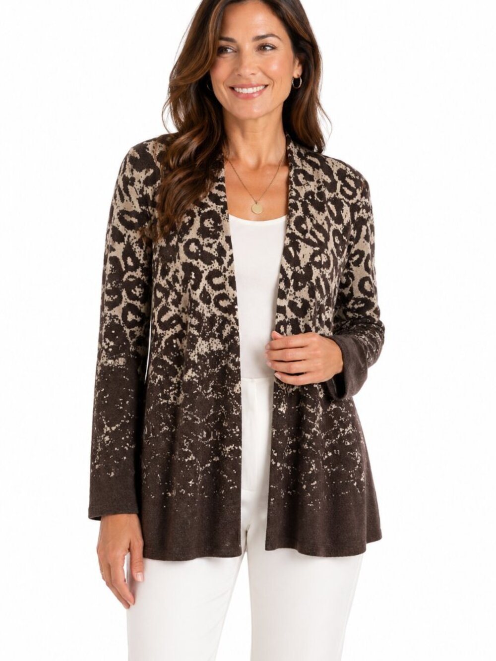 Chico's 2 Brown Animal Print Open Front Cardigan Lightweight Knit Neutral